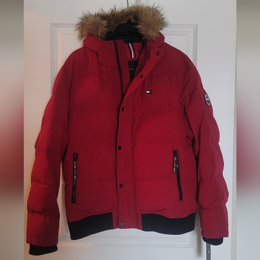 Tommy Hilfiger Red Puffer Jacket with Fur Hood
